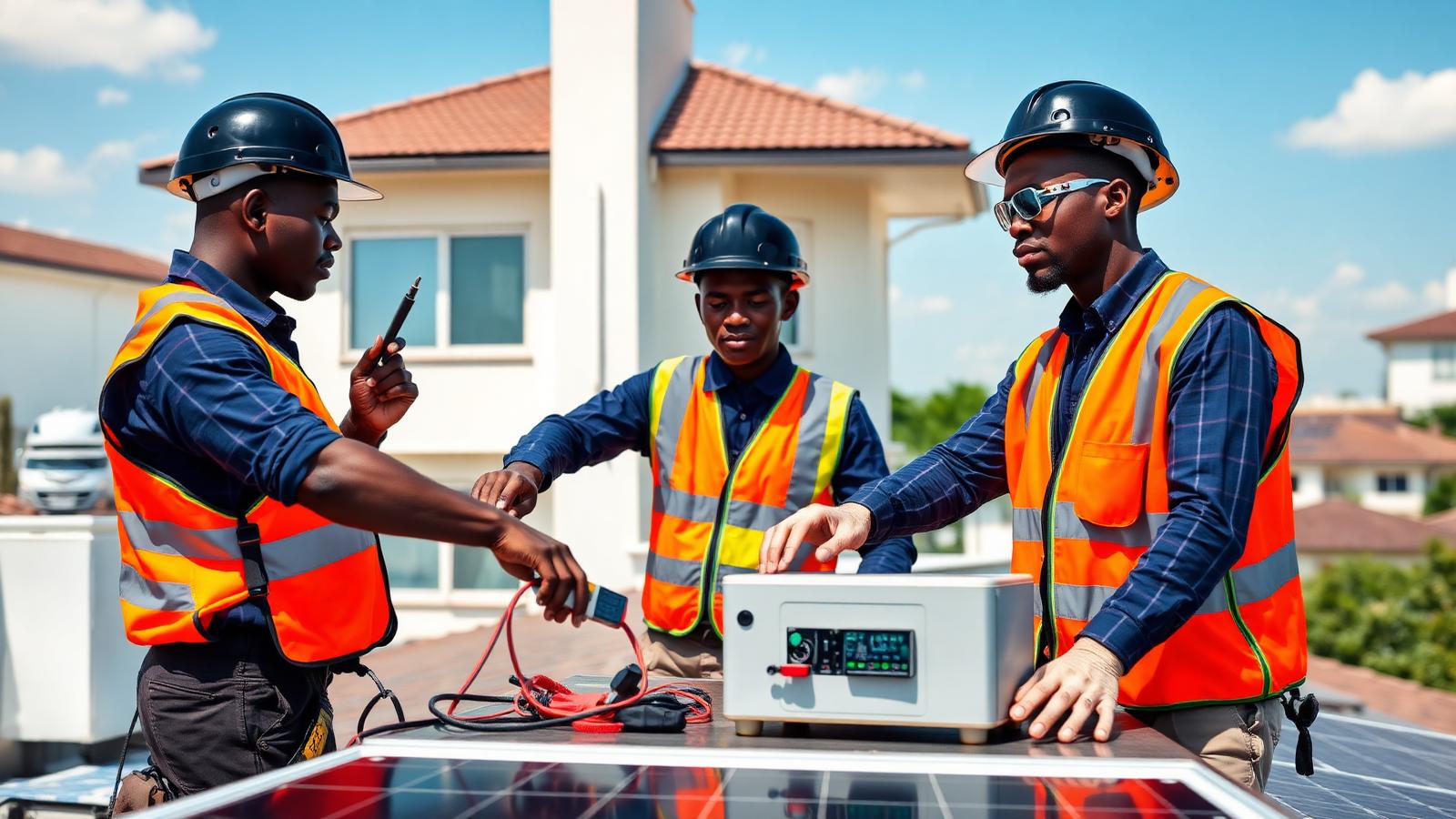 Engineers installing an inverter and battery system